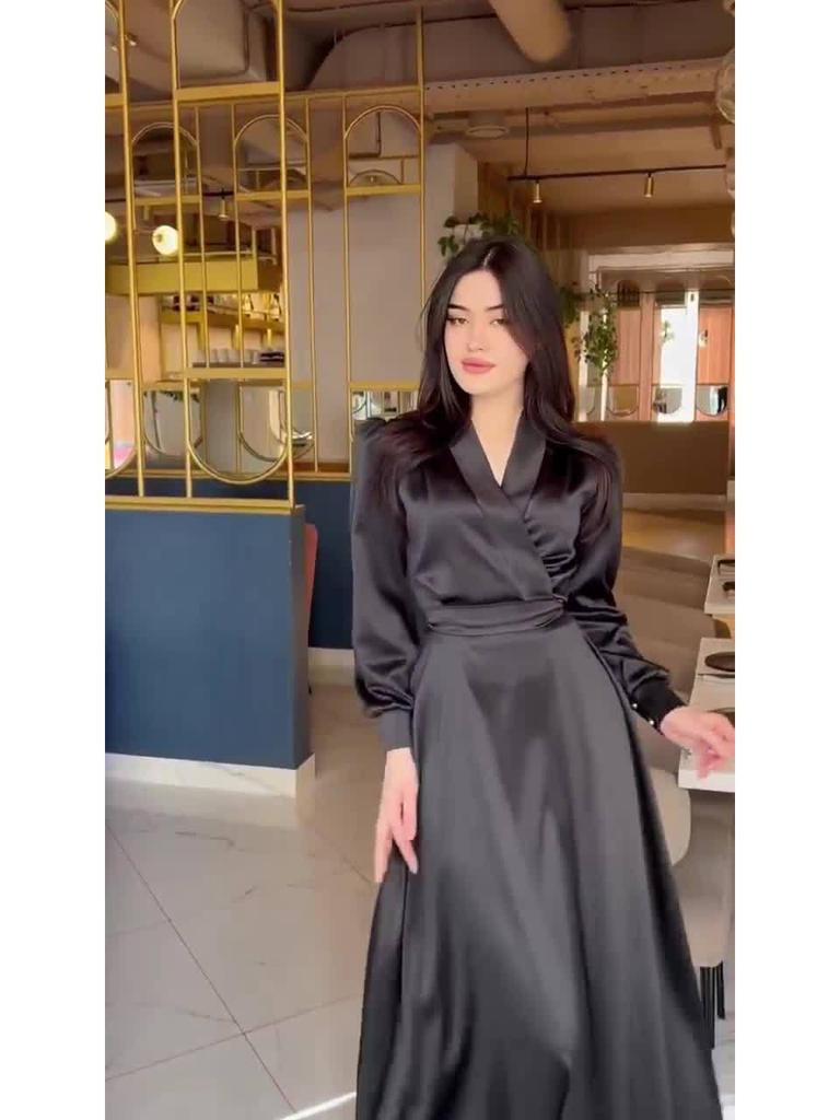 European Spring 2024 V-Neck Lace-Up Long Sleeve Dress with Waist-Cinch
