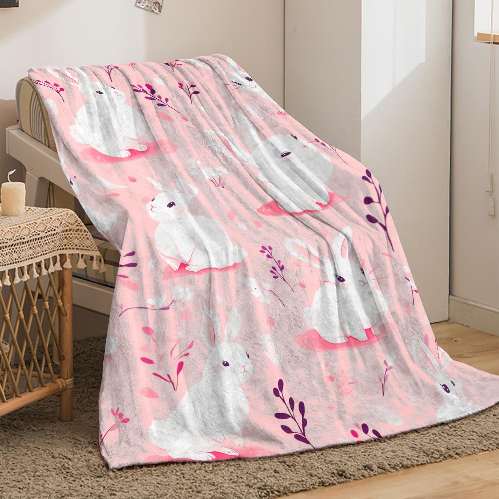 Pink Rabbit Pattern Flannel Blanket Cute White Bunnies Floral Design Soft Cozy Throw Blanket for Baby Nursery Kids RoomDecorGift