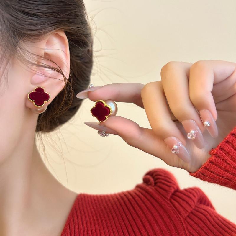 Red Flocked Four Leaf Clover Pearl Two Way Wear Luxury Earrings