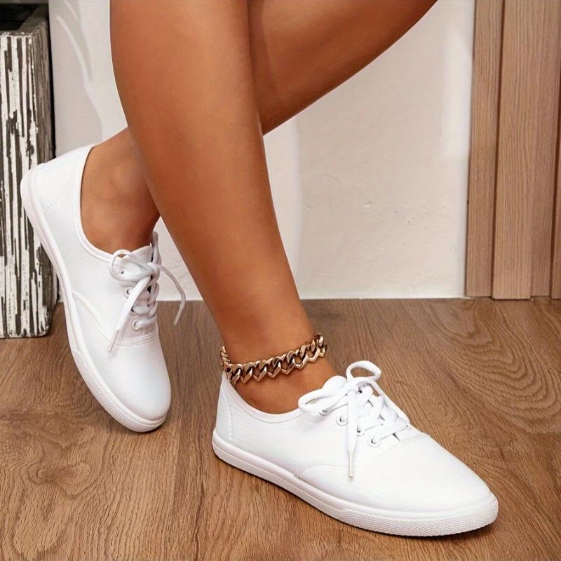 Women's White Round Toe Lace-Up Casual Sneakers - Breathable Fabric Upper, Anti-Slip TPR Sole, Low-Top Comfortable Walking Shoes for All-Season