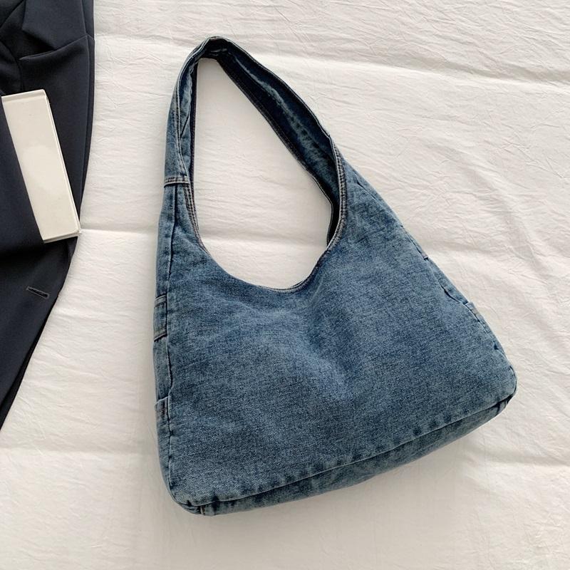 Washed Denim Slouchy Hobo Bag with Multiple Front Pockets Casual Large Capacity Shoulder Purse for Women Daily Travel