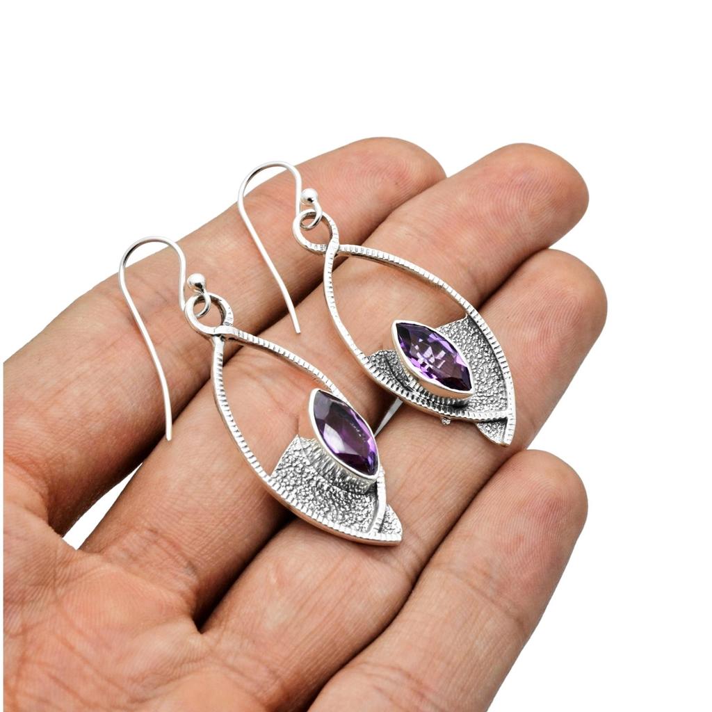 Natural Amethyst Dangle Earrings In Textured 925 Sterling Silver – Handmade Boho Chic Drop Earrings, Dainty Earrings for Women & Girls by ZIVORI