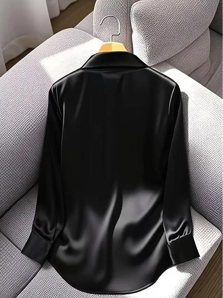 Autumn 2025 European & American Satin V-Neck Long-Sleeve Blouse - Women's Fashion