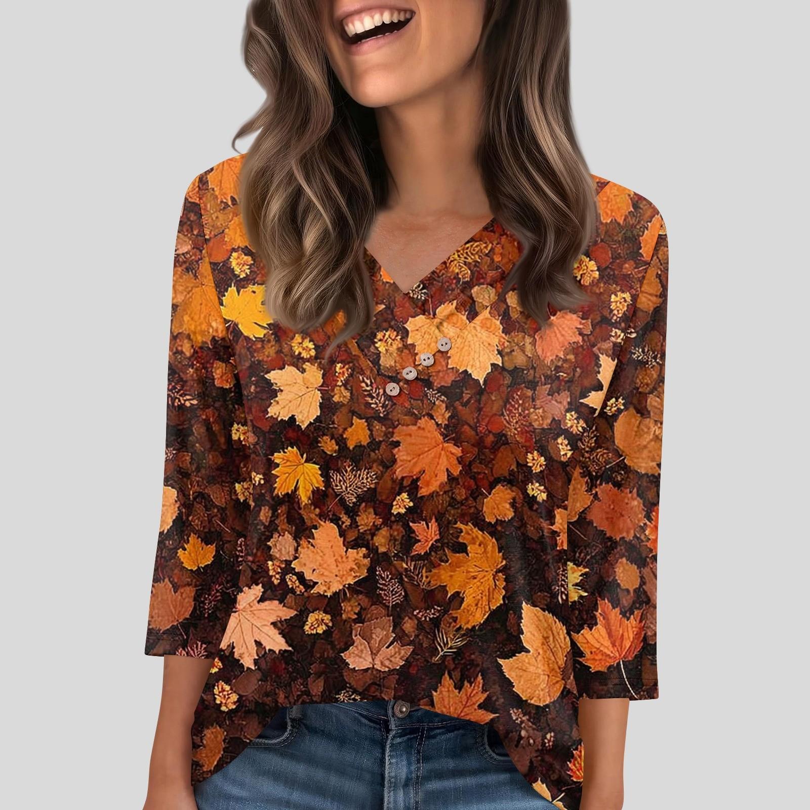 

Женская футболка, футболка, пуговица, рукав 3/4, туника, повседневная, для выходных, модная, базовая, с V-образным вырезом, обычный топ XL шафрановый