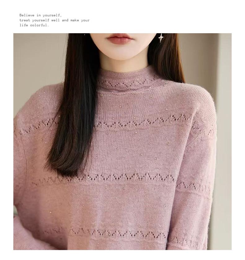 Women's Rhinestone Hollow Crochet Half-High Collar Sweater - Autumn/Winter Knitwear Top
