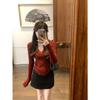 Women's High-End Red V-Neck Knitted Sweater - Irregular Fashion for Autumn/Winter
