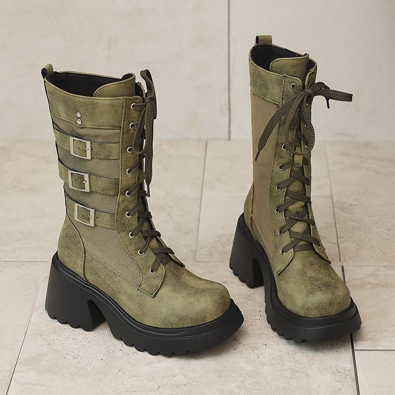 Hebilla de Cinturón de Metal Tubo Mediano Botas de Moda Suela Gruesa Muffin Botas Casuales Botas Martin Talla Grande 40-45 Botas