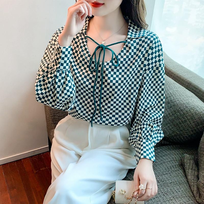 Women Blouses Shirts 2025 Spring Long Sleeve Women Blouse Shirt O-Neck Plaid Chiffon Blouse Shirt Women Tops J585
