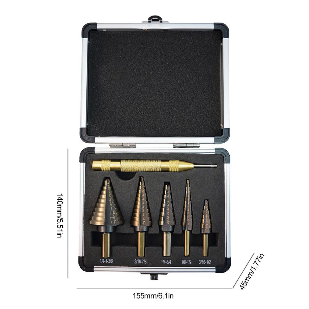 6pcs HSS Step Drill Bit Set Multiple Hole Conical Wood Drill Perforator Imperial Straight Flute Hole Cutter Tool for Metal Wood
