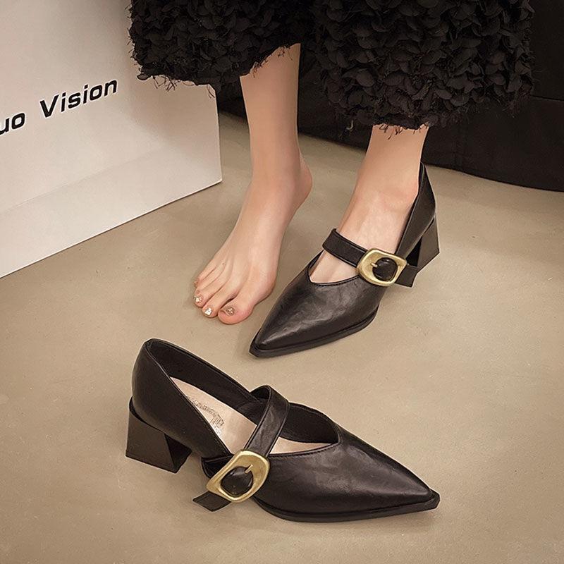 2025 New French Retro Leather Shoes for Women in Spring, Versatile, Pointed Single Shoes, Thick Heels, Straightened High Heels