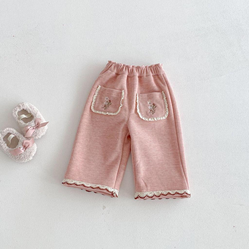 Pantaloni in Pizzo Stile Coreano con Ricami e Fodera in Velluto per Ragazze - Eleganti Gamba Dritta - Inverno 2025