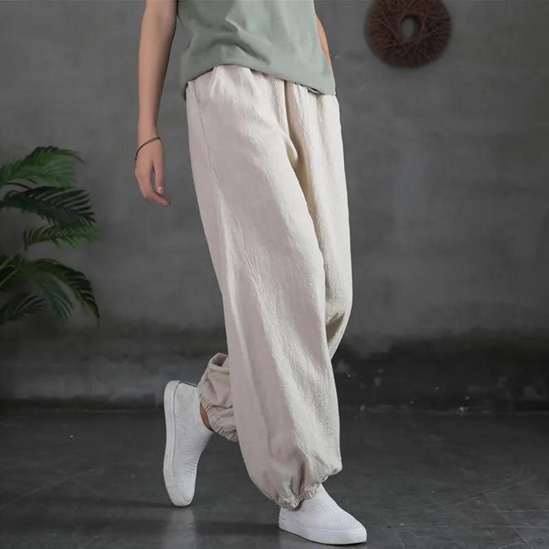 Cotton and Linen Literary Retro Bloomers Women's Spring and Summer Leggings Loose Solid Color All-match Casual Trousers
