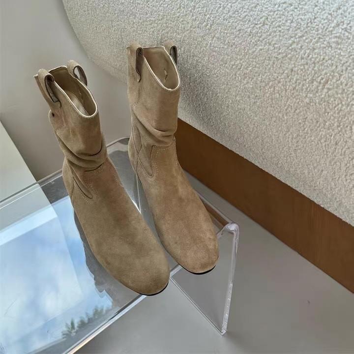 Sheepskin Version~ Korean Niche Round Head Inner Heightening Stacking Boots Western Cowboy Boots Women's Autumn and Winter Short Boots Thin Boots