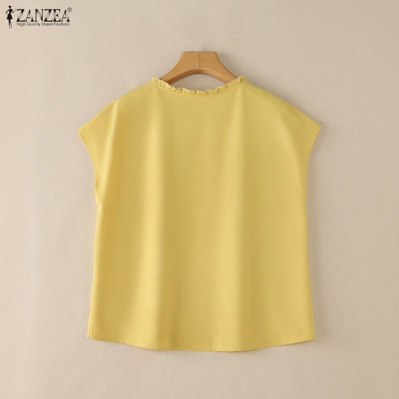 ZANZEA Blusa Casual Feminina de Manga Curta e Cor Sólida com Decote Redondo