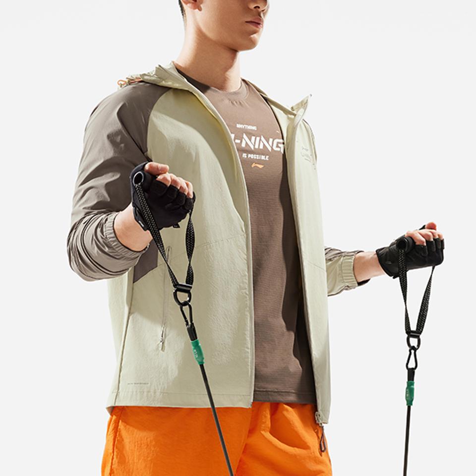 Li-Ning Water-Resistant Hooded Long Sleeve Cardigan With Logo Print Windbreaker Men Outerwear Ceramic-Secret Tree-Gray-Brown AFDU157-2