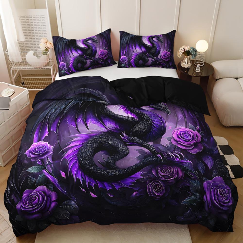 Gothic Style Bedding 2/3pcs Dark Purple Dragon and Rose Bedding Set 1 Duvet Cover   Pillowcases Christmas Gift Duvet Cover