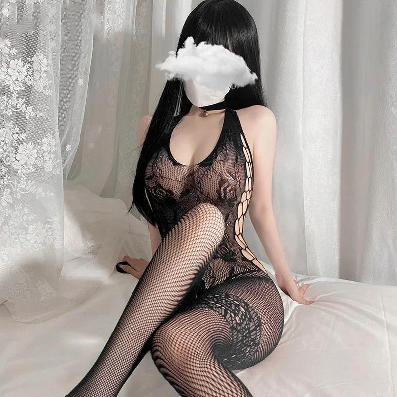 Sexy Perspective Fishnet Open Crotch Bodystockings Women Hollow Black Rose Sexy Tights Uniform Bodysuit Nylon Stockings