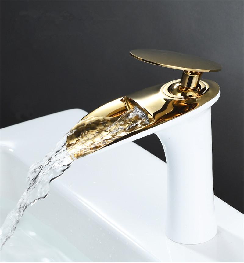 Tuqiu Bathroom Faucet Brass Gold White Bathroom Basin Faucet Cold Hot Waterfall Mixer Sink Tap Deck Mounted Black White Tap