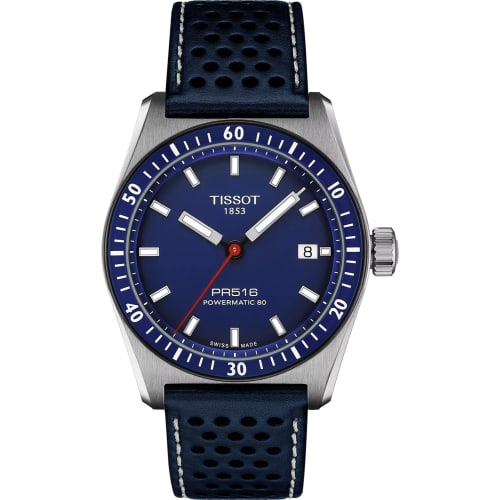 Tissot PR516 Men's Watch with Leather Strap and Blue Dial, Officially Imported, Model T1494071604100