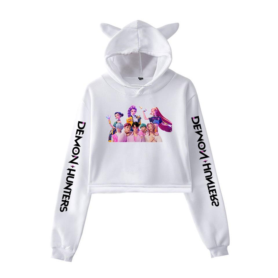 Hot KPop Demon Hunters Crop Tops Cat Ears Sweatshirt Long Sleeve Girls Women Fashion Hoodie
