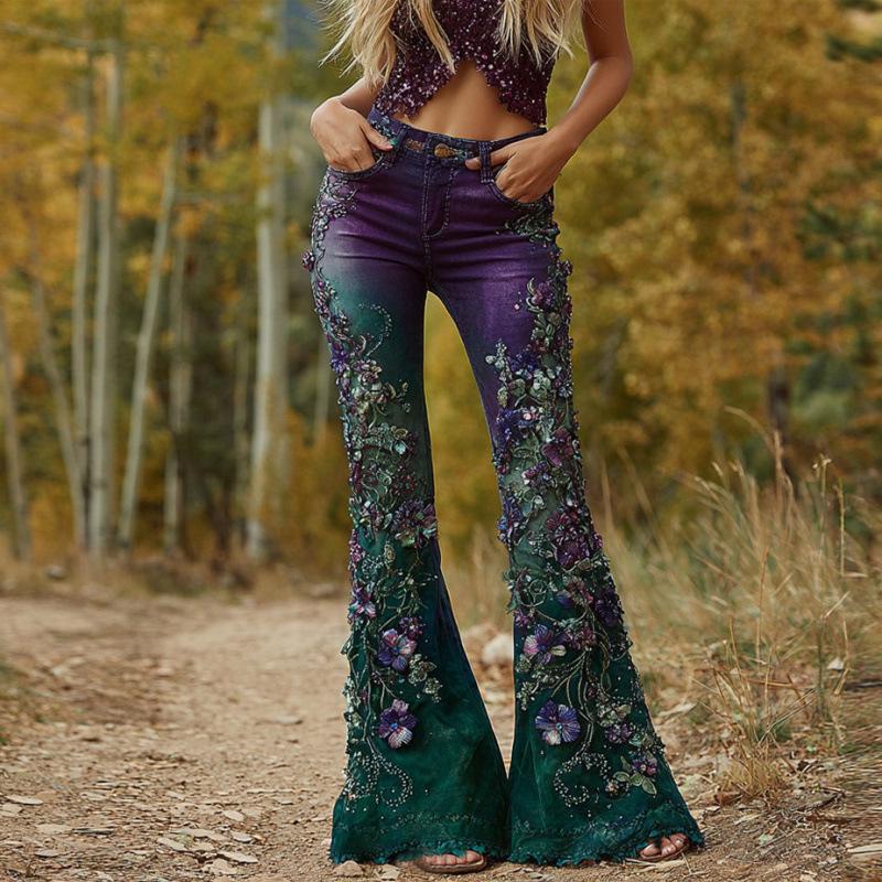 New 3D Printed Women s Fashion Slimming Denim Bell Bottoms Small