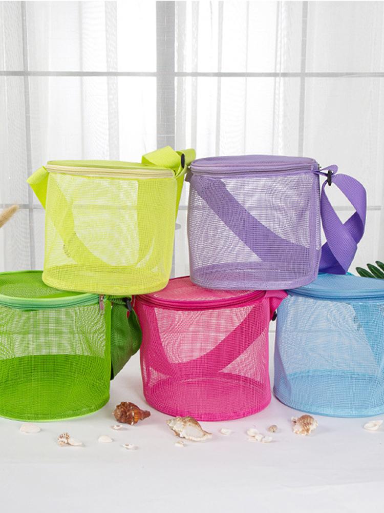 Zylindrische Netztasche mit Muscheldesign und verstellbarem Schultergurt, große Kapazität, Muschelsammelbeutel für den Strand, Blau
