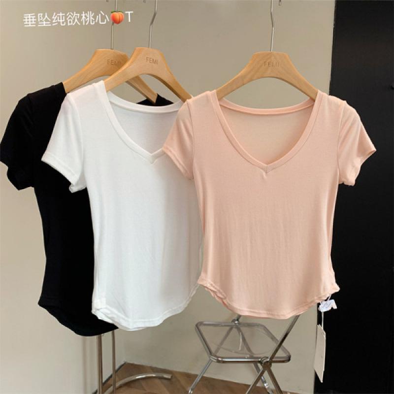 Summer new basic versatile pink V-neck short-sleeved cotton slim-fit T-shirt for women's niche design bottoming shirt for women