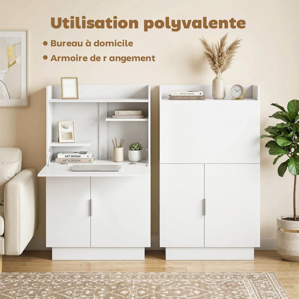 Folding Computer Desk, Drop-Leaf Top, Shelves, Cupboard, 80 x 30 x 128 cm, White