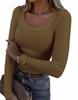 Women's U Neck Long Sleeve Tee Slim Fit Casual Ribbed Knit Solid Color Spring Basic Top