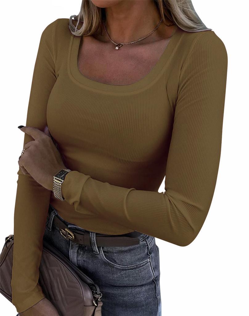 Women's U Neck Long Sleeve Tee Slim Fit Casual Ribbed Knit Solid Color Spring Basic Top