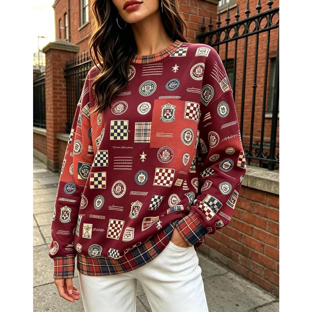 Women Crew Neck Fleece Sweatshirt Vintage College Badge Plaid Patchwork Print Long Sleeve Loose No Hood Warm Pullover