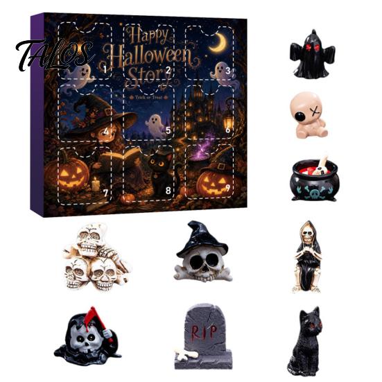 Miniature Horror Theme Ornaments Halloween Advent Calendar with 9 Mini Resin Figures, Day Spooky Countdown Small Props To Calendar, Surprise
