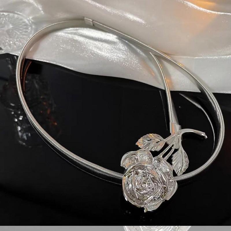 Elegant Metallic Rose Flower Elastic Waist Belt For Sweaters And Dresses