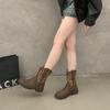 Leather~ Jiaoyu British style boots women's brown retro European and American embroidered western cowboy boots thick-soled Martin boots