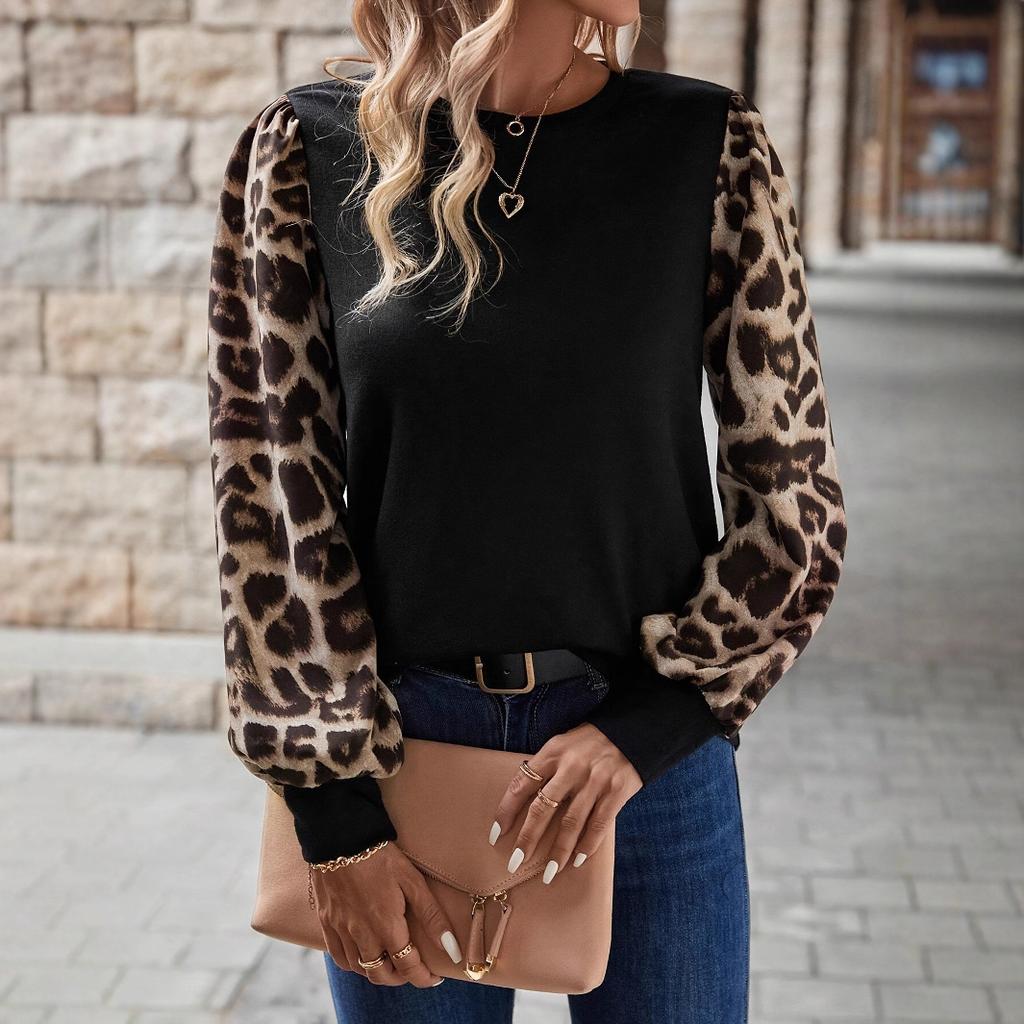 Damen T-Shirt Tops im Herbst und Winter Neu Leopardendruck Locker Langärmlig Rundhals Gespleißtes T-Shirt Vielseitige Tops