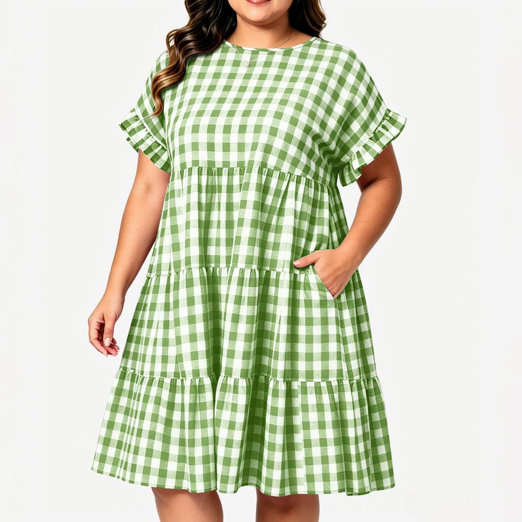 Robe à Carreaux Manches Courtes Col Rond Grande Taille pour le Travail Décontracté et les Trajets