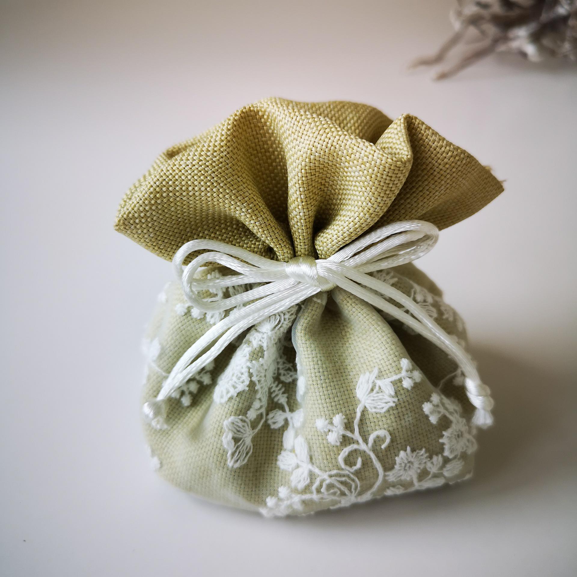 Cross-border Polyester Embroidered Gift Bag with Pearl Cotton Cloth and Drawstring Mesh