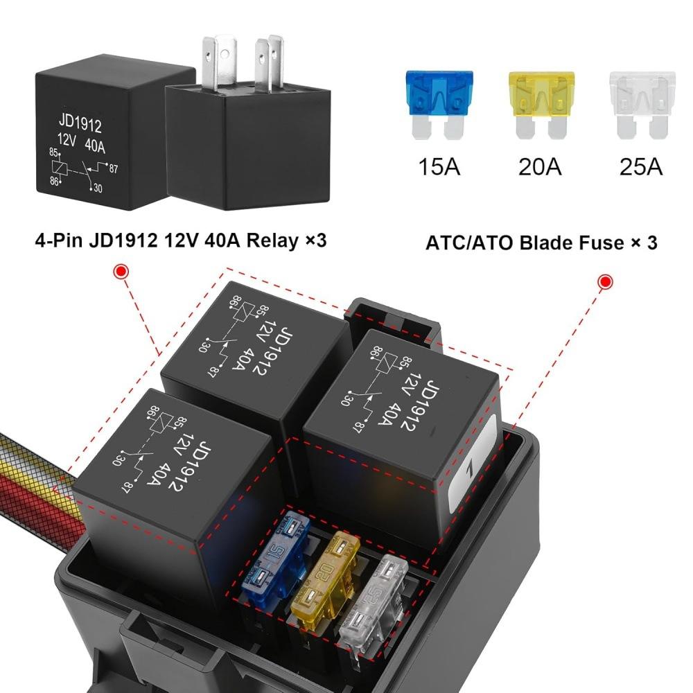 12V 24V 3 Way Waterproof Fuse Relay Box Blade Fuse Slots 4 5 Pin 40Amp Relay Fuse Relay Block For Cars Truck Marine Boat 12V4PIN