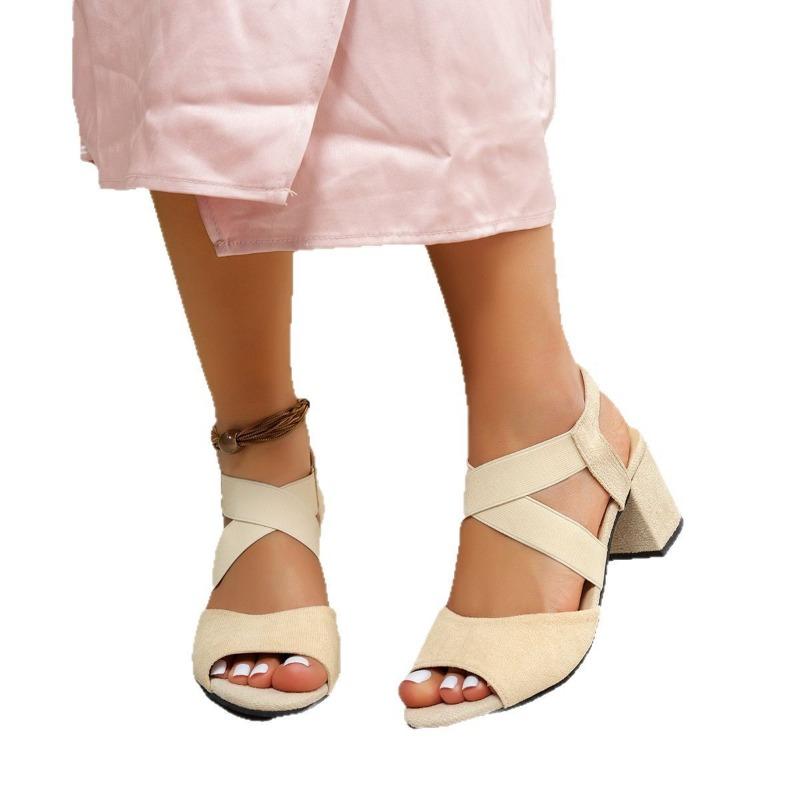 Summer new women's round head sandals suede solid color fish mouth high heel sandals women's thick heel shoes fashion trend