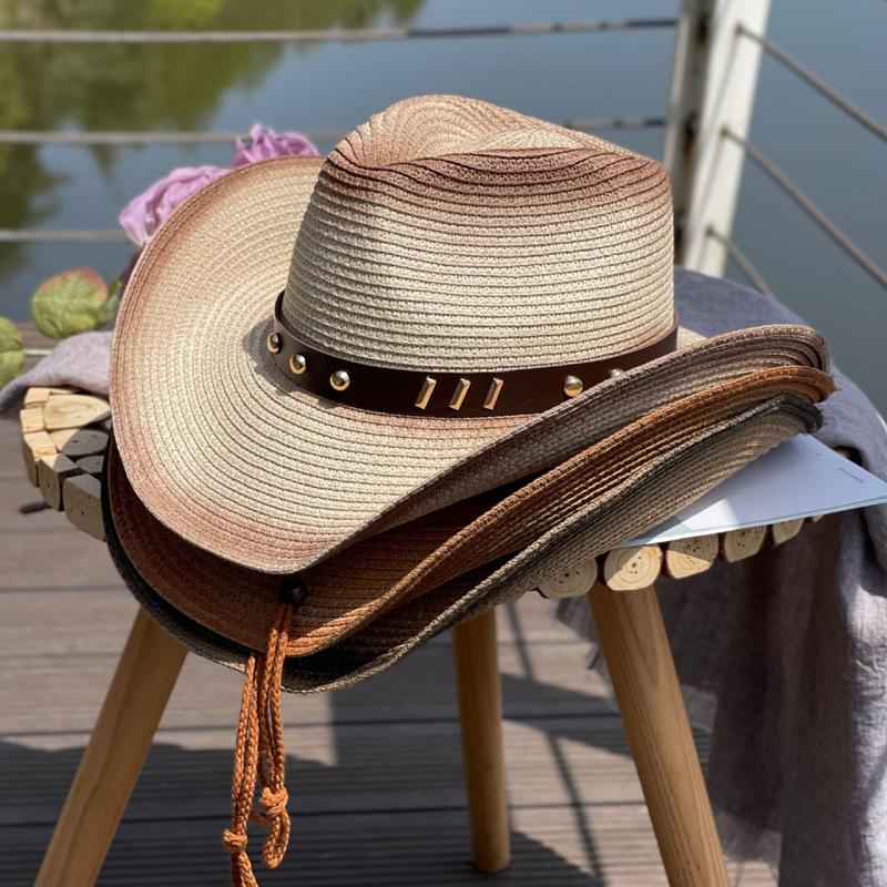 Rivet Belt Gradient Color Jazz Cowboy Straw Hat for Women, Summer Outdoor Fishing Sun Protection Hat, Men's Sunshade Beach Hat