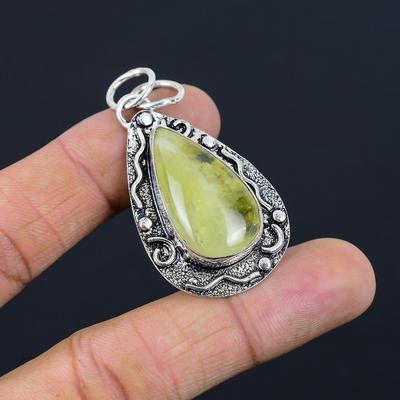 Natural Moss Moss Prehnite Gemstone Pendant 925 Sterling Silver Indian Jewelry