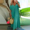 Women's Summer Fashion V-neck Solid Color Large Size Loose Long Large Swing Short-sleeved Dress