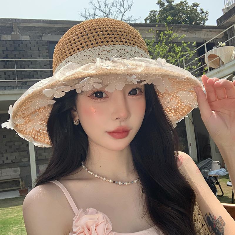 Summer lace floral bow hollow sun hat children vacation beach photo senior sun hat straw hat