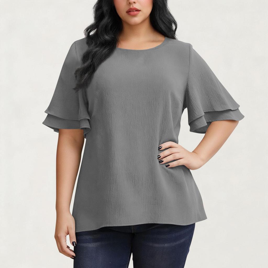 Women's Fashion Plus Size Color Round Neck Ruffled Five Quarter Sleeve Casual Loose T-shirt Top