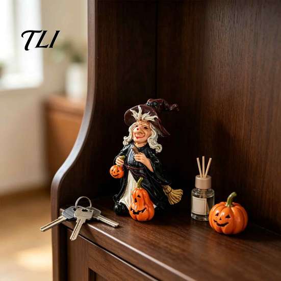 Miniature Witch Theme Crafts Halloween Pumpkin Resin Figurine, Vintage Hand-Painted Ornament, Spooky Tabletop Entrance Table Accents Decor for