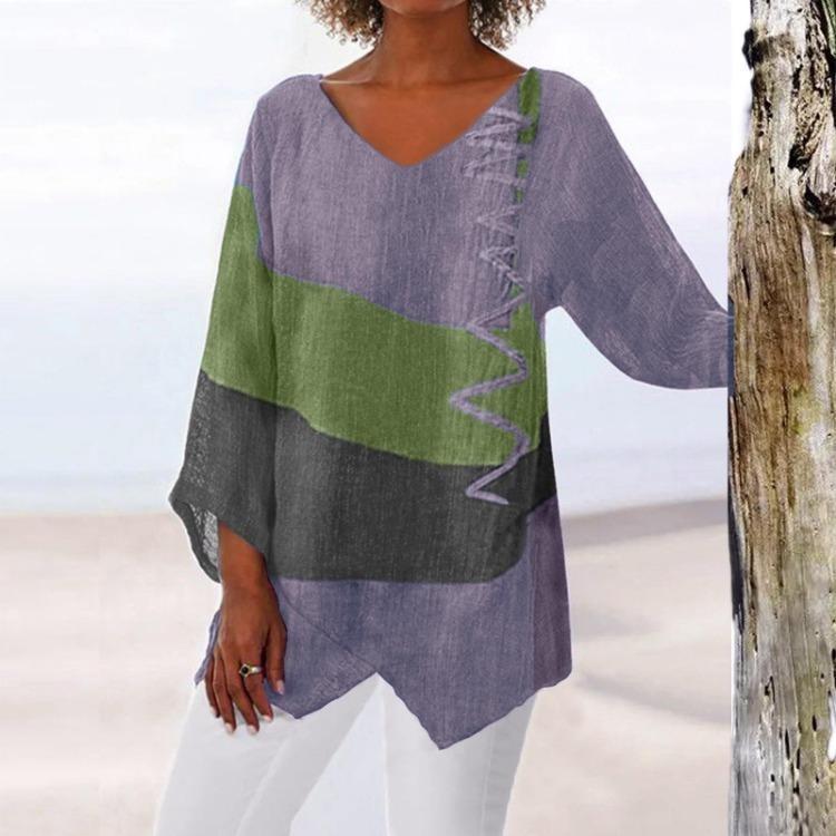 Art Print V Neck Loose Casual Women Long Sleeve Top Irregular Hem