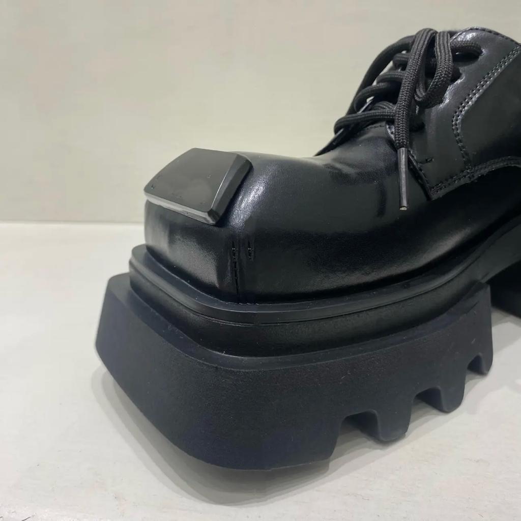 Fashion Genuine Leather Square Toe Women's Loafers 6Cm Thick-Soled Black Lace-Up Shoes Fashion 2025 Spring New Shoes