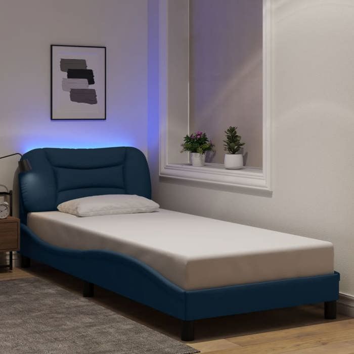 VidaXL Bed Frames with LED Lights, Single Bed with Headboard Cushion, Adult Bed, Bedroom Furniture, Modern, Blue 3213682
