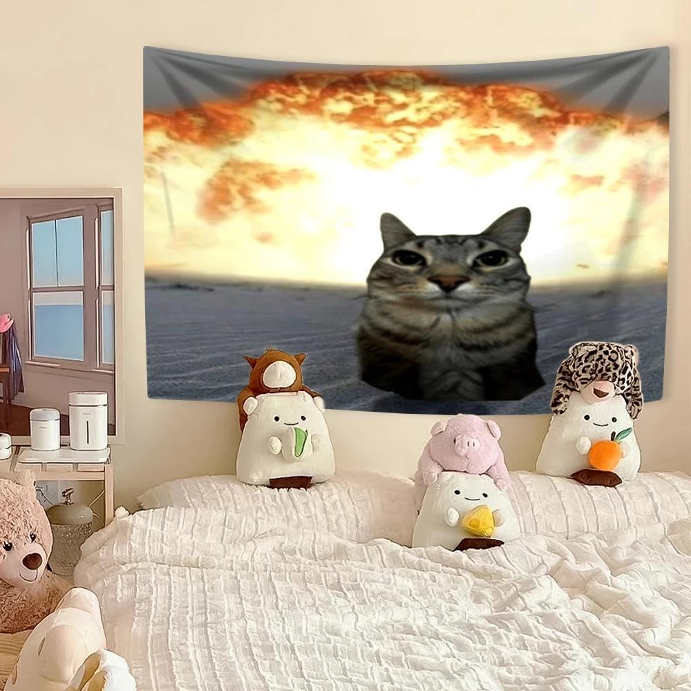 Funny Cat Meme Tapestry Kawaii Animal Home Decor Wall Hanging Bedroom Dorm Background Festival Gift