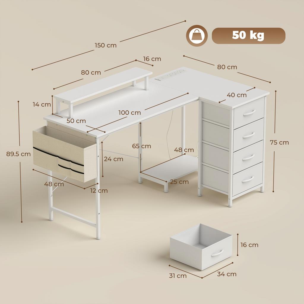 Reversible L Shaped Desk with Drawers USB Ports 150 X 80 Cm White